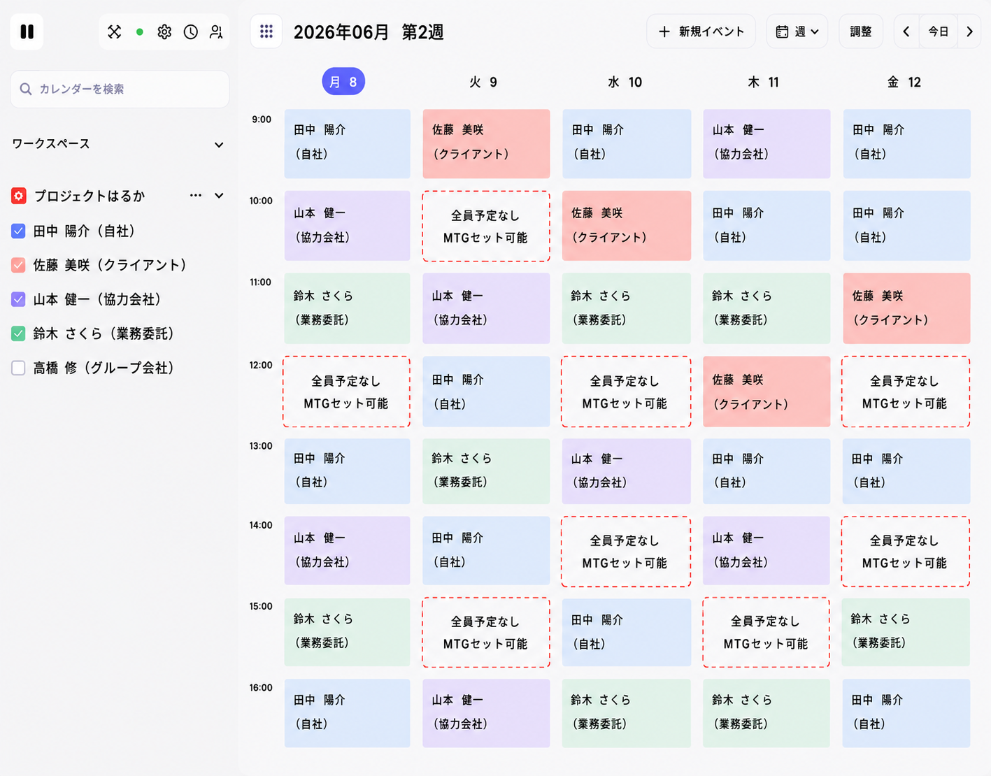 Lynxのワークスペースで全員の空き時間を一画面に表示したカレンダー画面